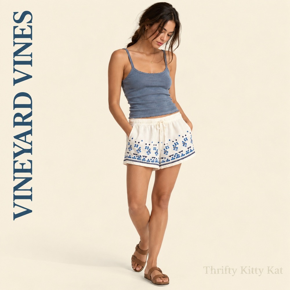 Vineyard Vines Linen Embroidered Pull On Drawstring Shorts White Blue Preppy XS
